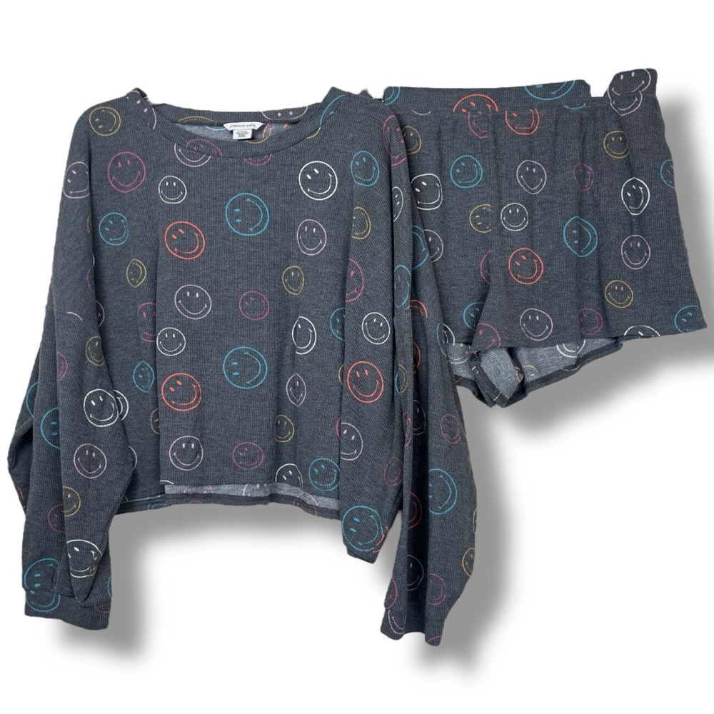 American Eagle Relaxed Waffle Knit Smiley Black Charcoal Pajama PJ Set size XL - Picture 2 of 7